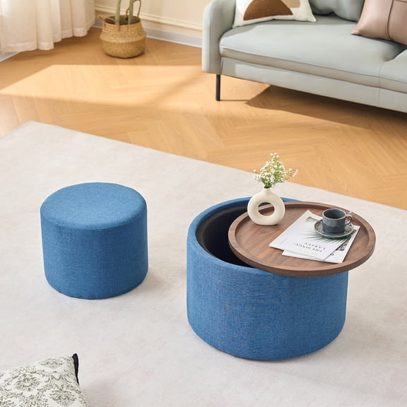 Full Size Large Ottomans, Ball & Cast Nesting Storage Ottomans of 2, Linen Upholstered Footstool w/Wood Tray, 22.75" Round Coffee Table & Bench, Blue, Blue Ottomans With Storage,Linen Fabric Ottomans