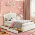 thumbnail image 1 of Full Size Led Bed with Drawers, Upholstered Full Bed Frame with Adjustable Headboard, Cute White Princess Bed with Crown Design for Girls, LED Full Frame with Storage, 1 of 10