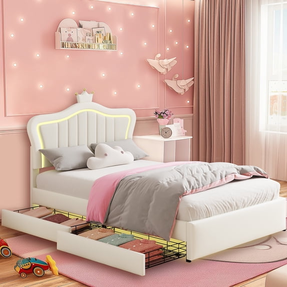 Full Size Led Bed with Drawers, Upholstered Full Bed Frame with Adjustable Headboard, Cute White Princess Bed with Crown Design for Girls, LED Full Frame with Storage