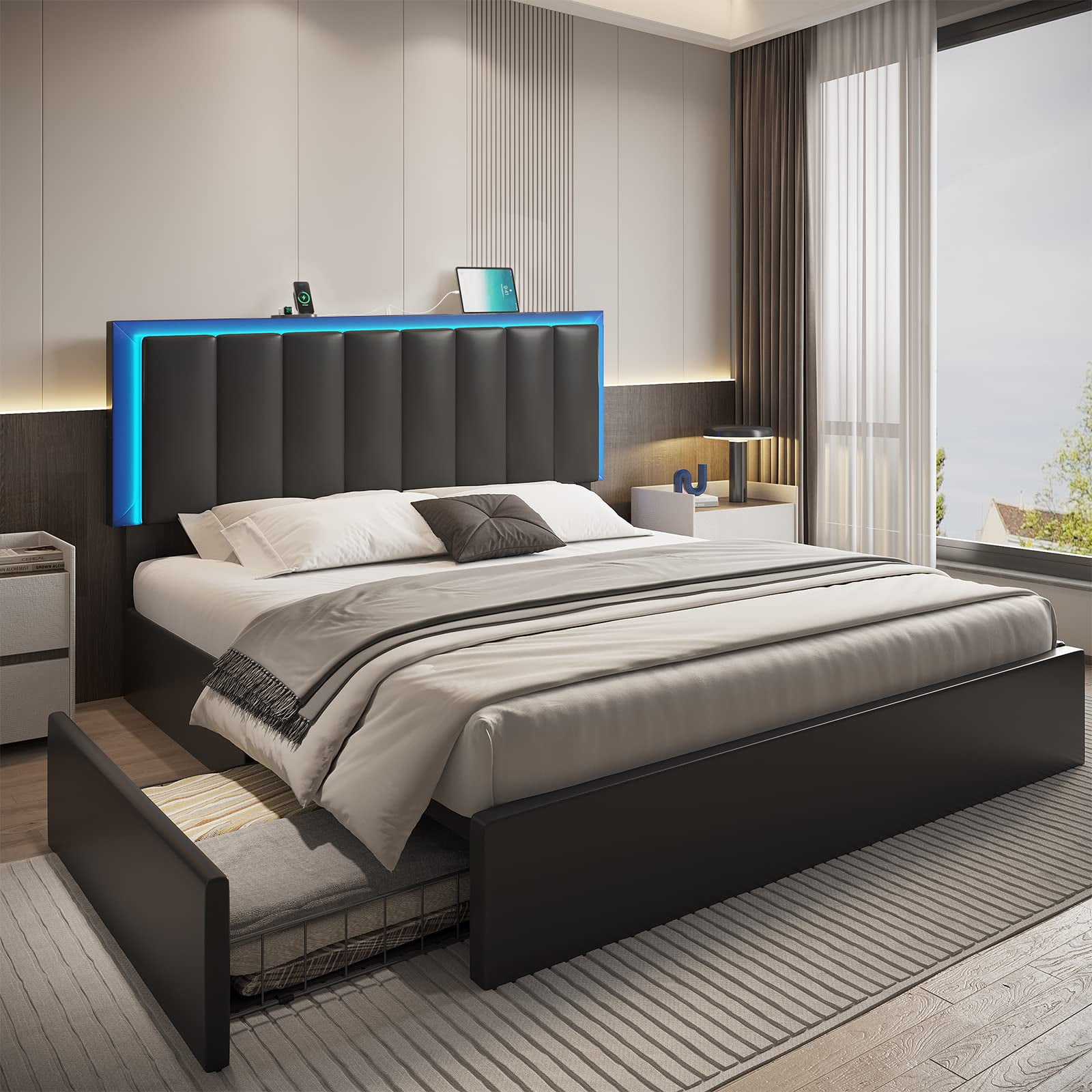 Full Size Black Faux Leather LED Bed Frame with Storage Drawers