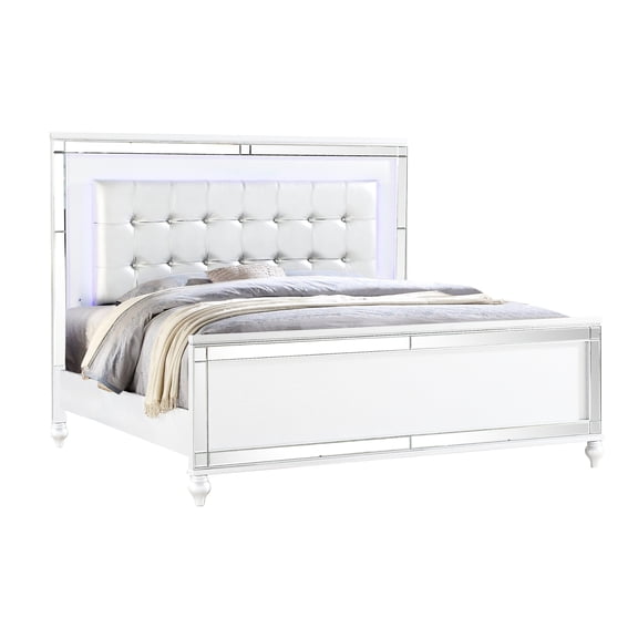 Full Size Led Bed With White Wood Frame, Modern Style, And Crystal Headboard For Bedroom In Contemporary Wood, Mirror Front Tufting