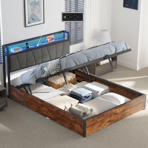 Full Size Lift Up Bed Frame with Linen Upholstered & LED Light ...