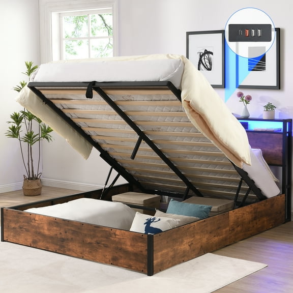 Full Size Lift Up Storage Bed Frame,Full Bed Frame with Bookcase Headboard & LED Lights,Wooden Platform Bed Frame with Charging Station, No Spring Box Needed,Full