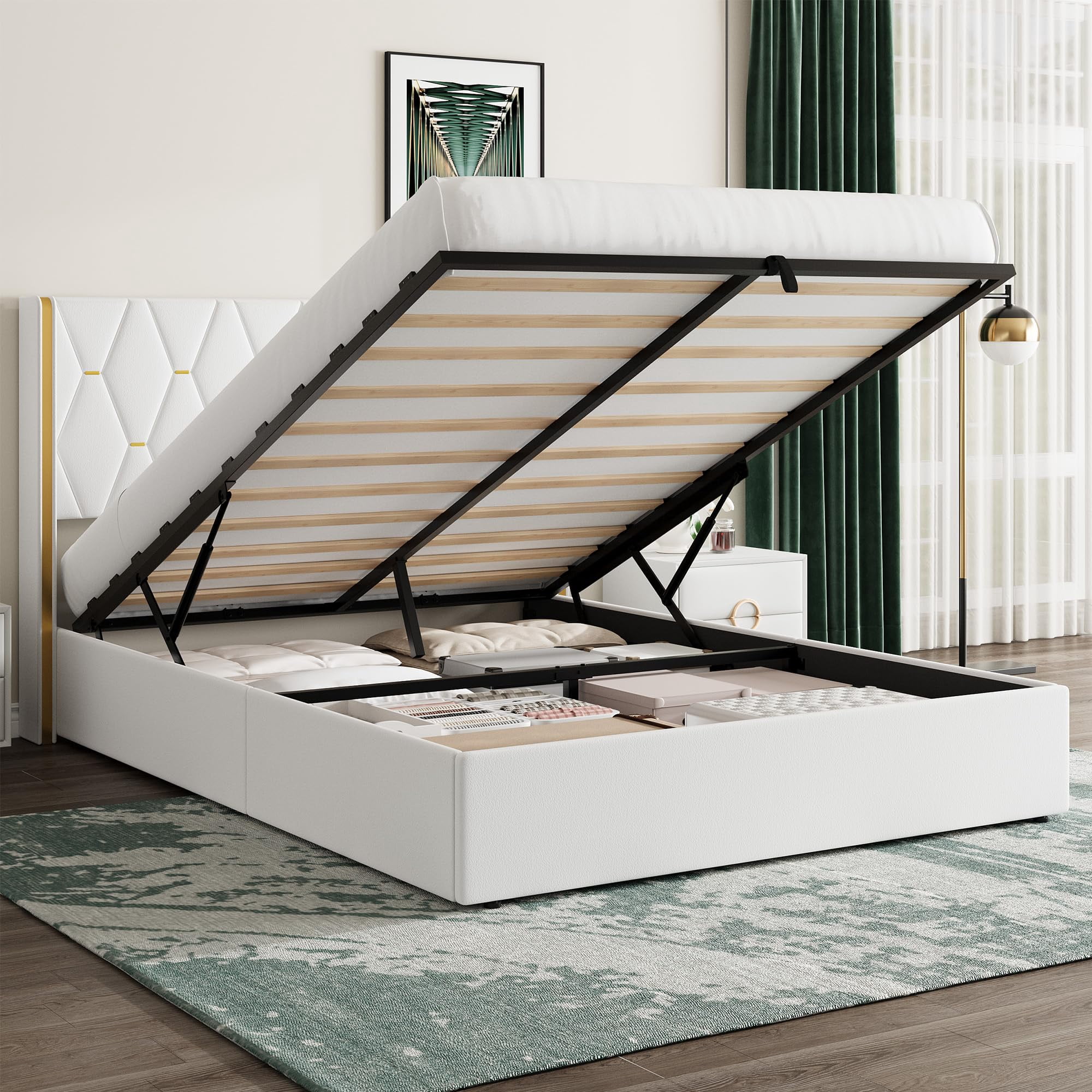 Full Size Lift Up Storage Bed Frame with with Gold Wingback Headboard ...