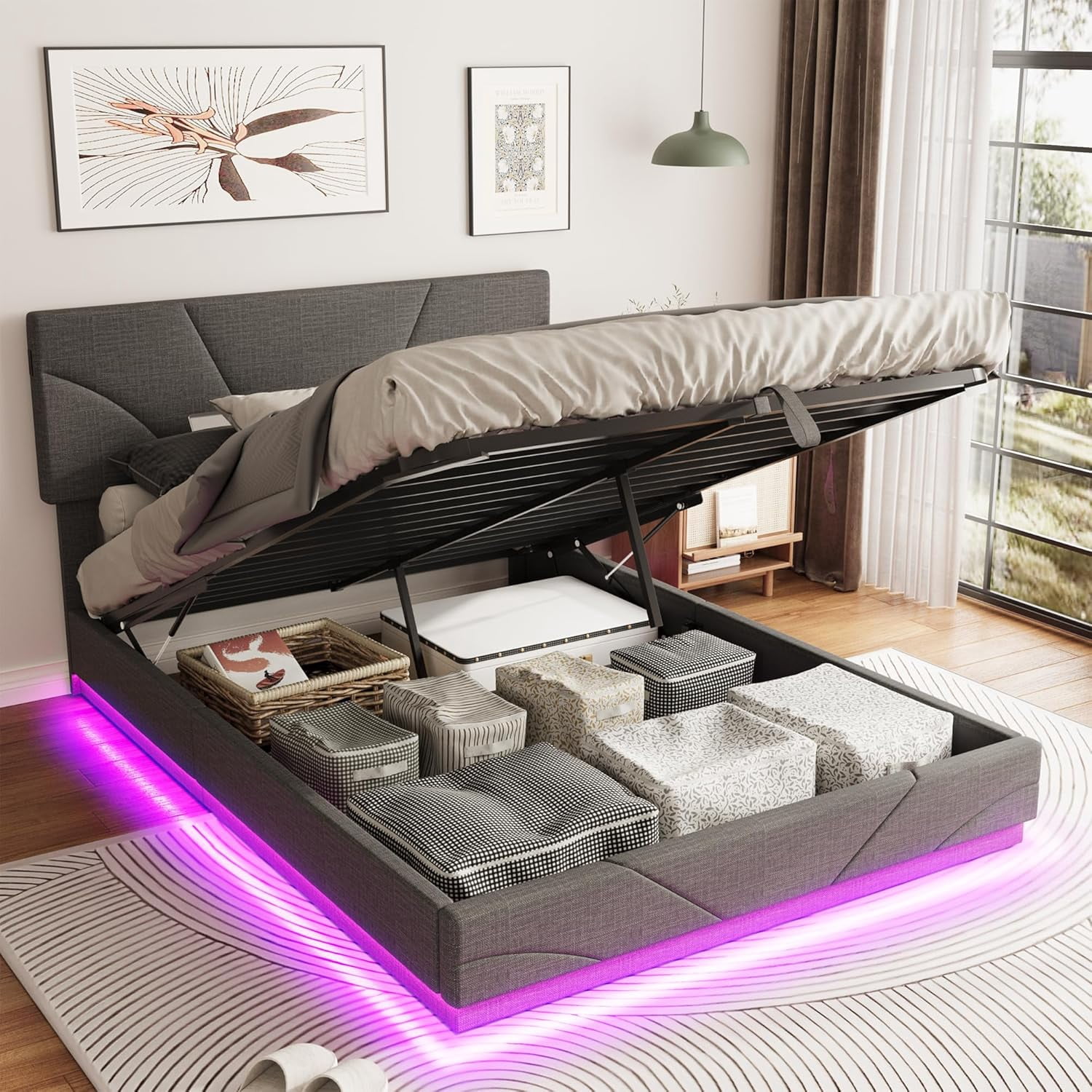 Full Size Lift Up Storage Bed Frame with LED, Upholstered Headboard ...