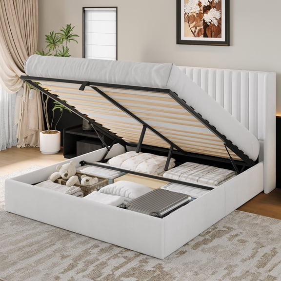 Full Size Lift up Storage Bed Frame with Wingback Headboard, Modern Velvet Upholstered Platform Bedframe with Hydraulic Lifts, Sturdy Wood Slats, Easy Assembly, White