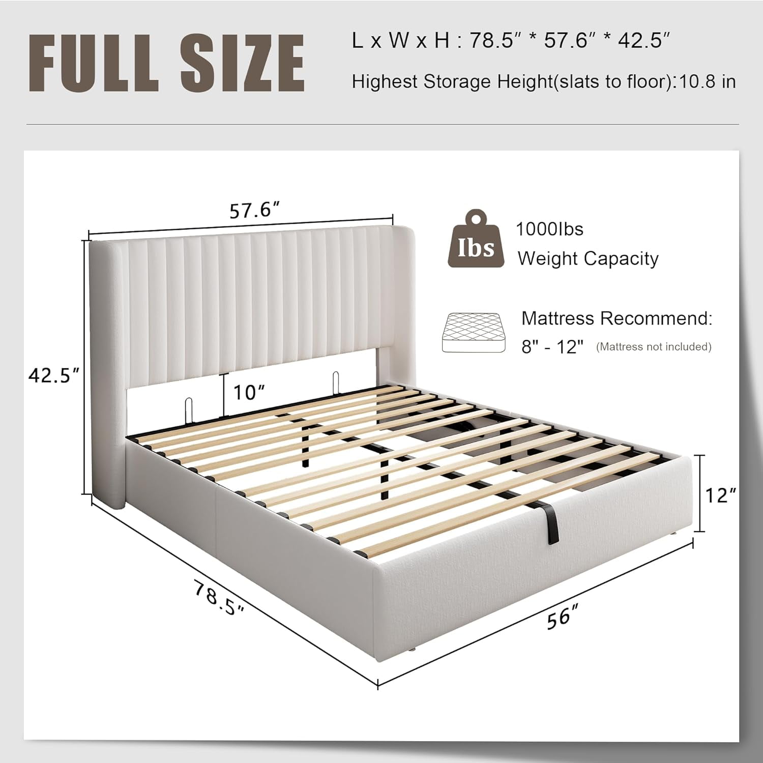 Full Size Lift Storage Bed with Wingback Headboard, Upholstered Velvet ...