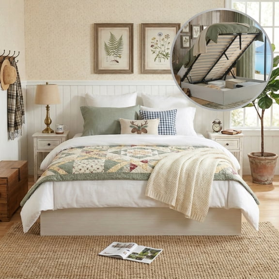 Full Size lift up Storage Platform Bed Frame,Wood with Metal & Slats Support,No Headboard,No Box Spring Needed,Easy Assembly,Rustic Off White