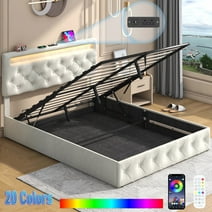 Full Size Lift Up Bed Frame LED Upholstered Platform Bed with Adjustable Headboard & Charging Station, Large Under Bed Storage(Beige-Full)