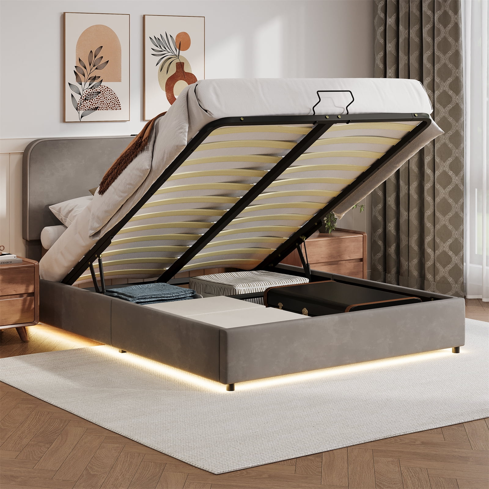 Full Size Lift Up Storage Bed Frame with Charging Station & Led Lights ...