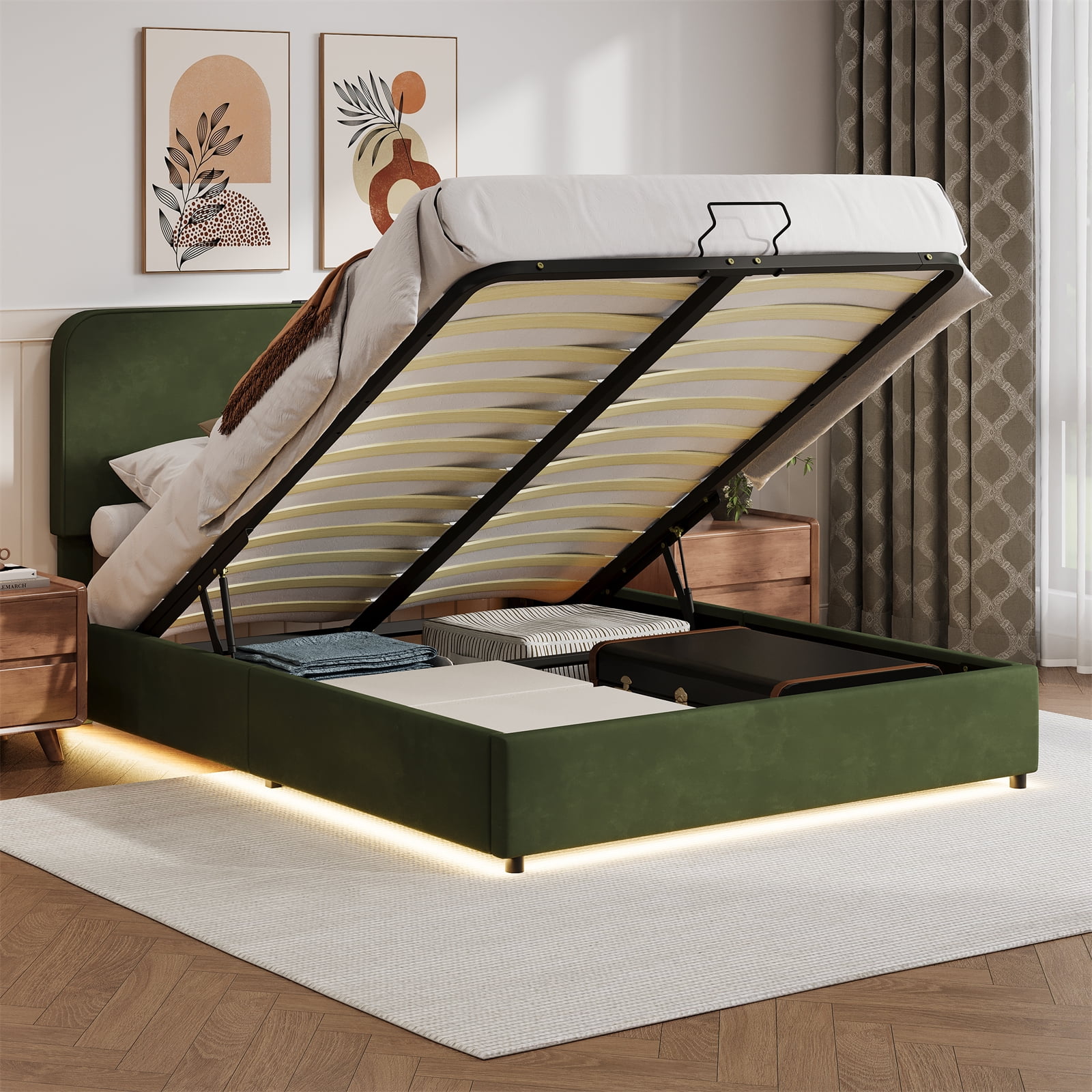 Full Size Lift Up Storage Bed Frame with Charging Station & Led Lights ...