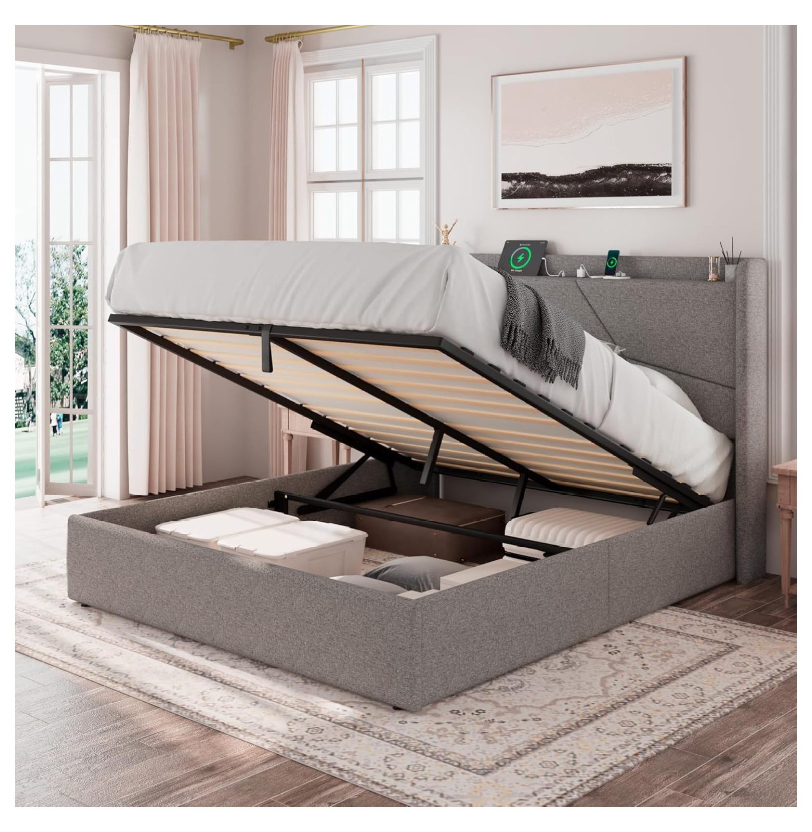 Full Size Lift Up Storage Bed Frame with Charging Station, Upholstered ...