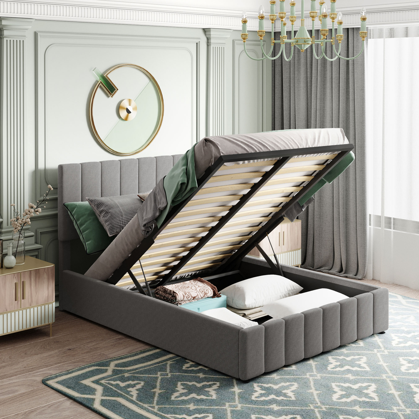 Full Size Lift Up Storage Bed, Upholstered Platform Bed Frame with Hydraulic Storage System, Wood Bed with Classic Stripe Headboard, No Box Spring Needed, Gray