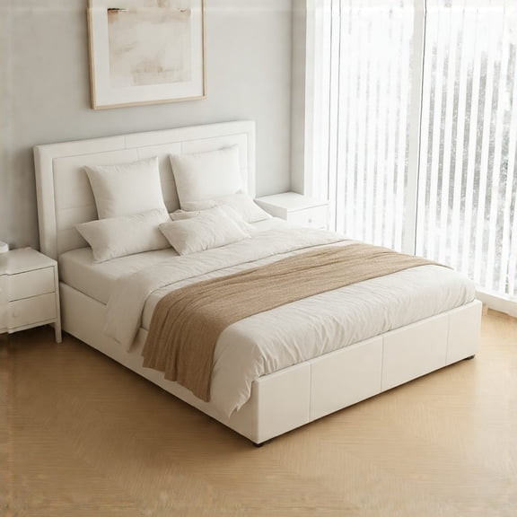 Full Size Lift-Up Storage Bed - White with LED Lights
