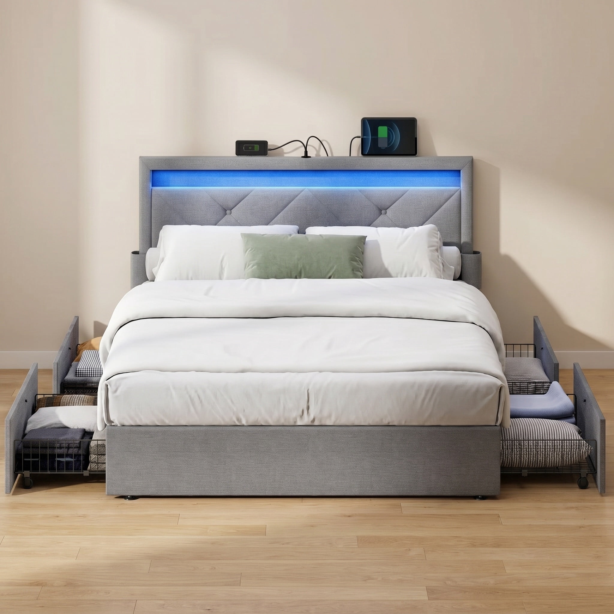 Full Size Light Gray Upholstered Platform Bed Frame with LED Headboard, 4 Drawers, and Built-In Charging Station