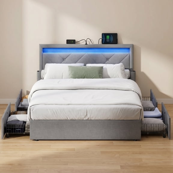 Full Size Light Gray Upholstered Platform Bed Frame with LED Headboard, 4 Drawers, and Built-In Charging Station