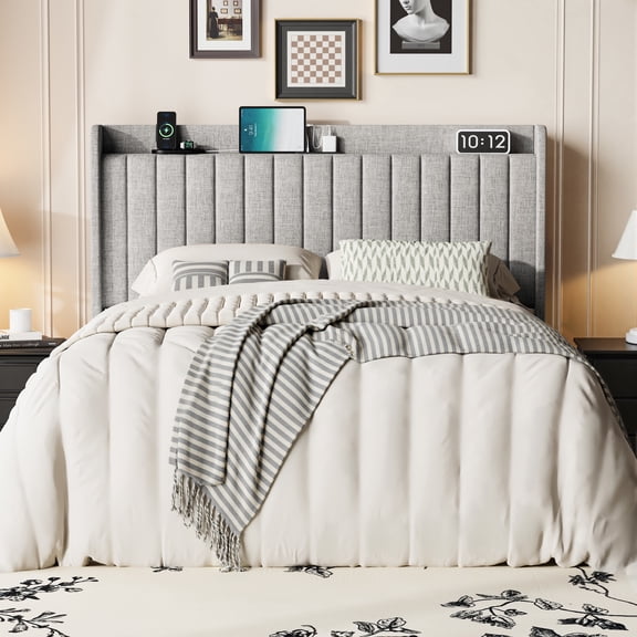 Smile Nest Full Size Linen Fabric Platform Bed with USB Charging Station, Wingback Storage Headboard, Light Gray