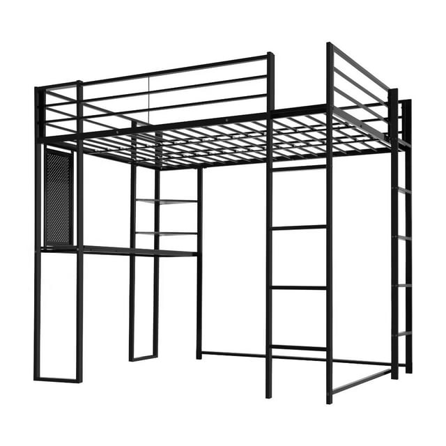Full Size Loft Bed with 2 Builtin Ladders, Metal Loft Bed Frame