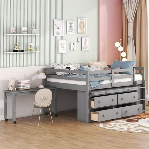 Full Size Loft Bed with 4 Drawers and Retractable Writing Desk, Wooden Loft Bed Frame with Lateral Portable Desk and Shelves for Boys Girls Teen Bedroom, No Box Spring Needed, Gray