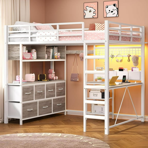 Full Size Loft Bed with 7 Storage Drawers, Large 2-Cube Bookshelf, L Desk & Charging Station, Metal Loft Bed with LED Lights & Open Shelf, Bed with Safety Guardrail & Ladders, Oak Grey