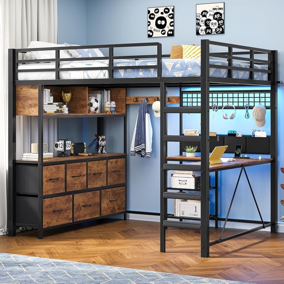 Full Size Loft Bed with 7 Storage Drawers, Large 2-Cube Bookshelf, L Desk & Charging Station, Metal Loft Bed with LED Lights & Open Shelf, Bed with Safety Guardrail & Ladders, Rustic Brown