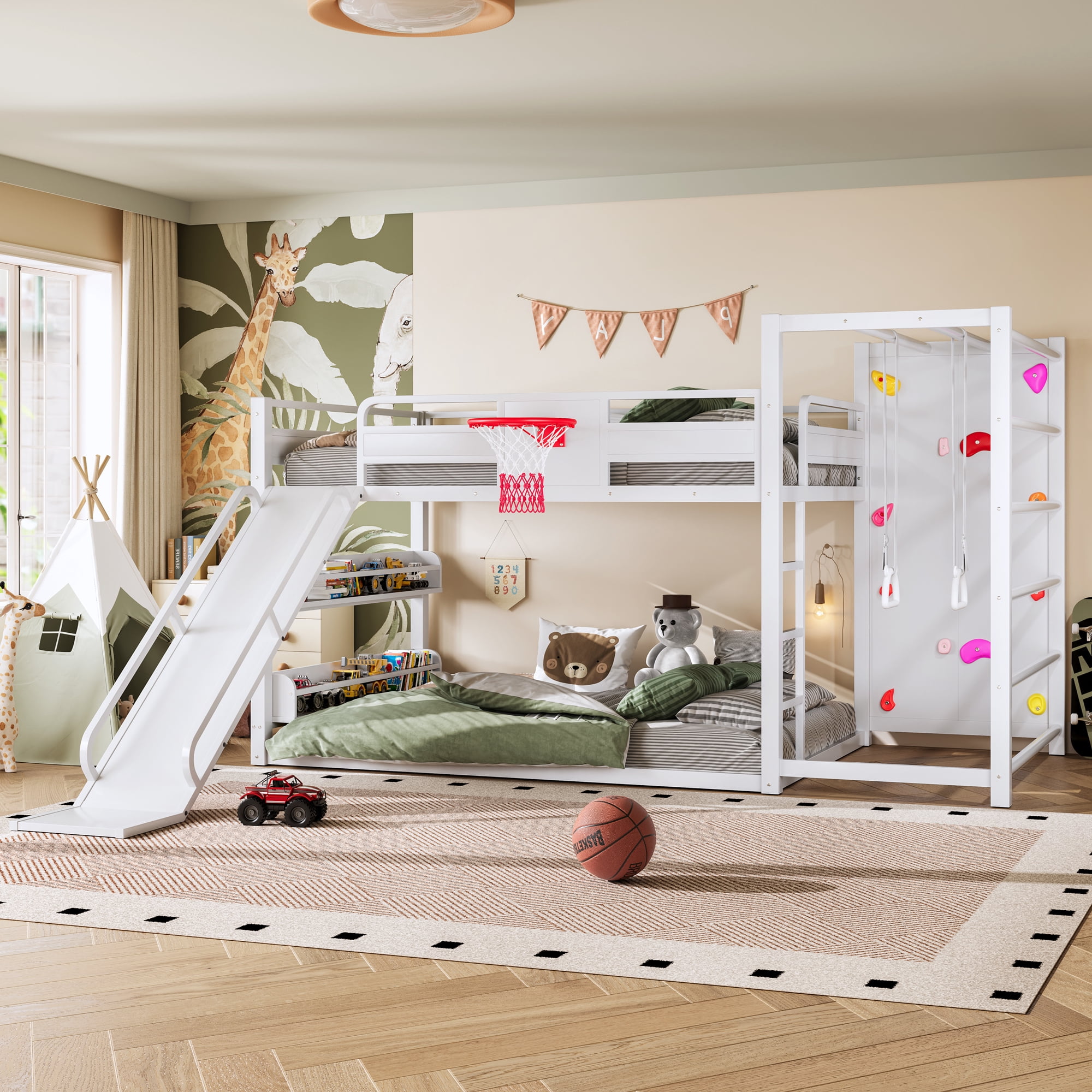 Full Size Loft Bed with Basketball Hoop, Pull-up Rings and Climbing Wall, Metal Loft Bedframe with Bulit-in Bookshelves, Kids Playhouse Bed with Slide for Boys Girls