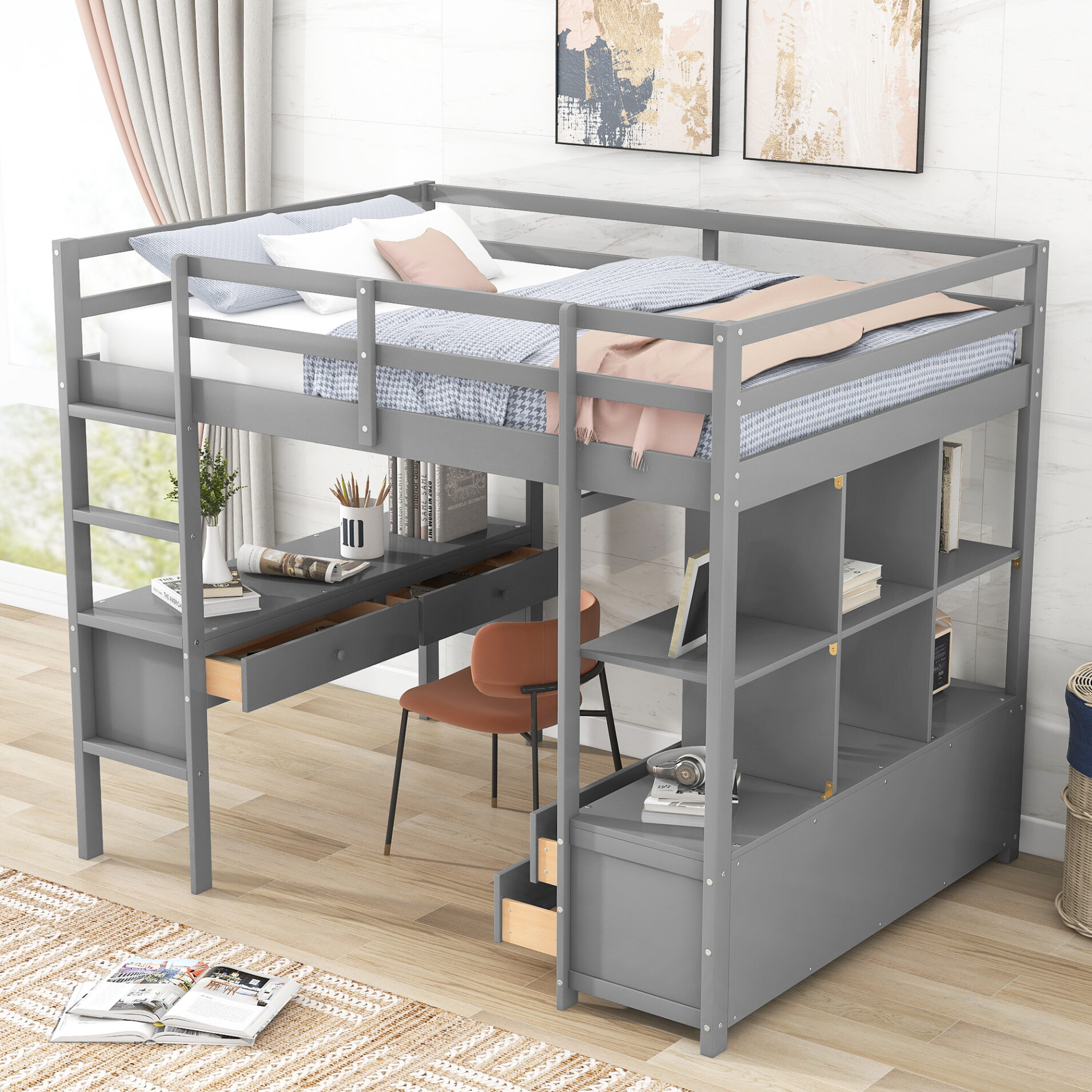 Full Size Loft Bed with Builtin Desk, Space Saving Loft Bed with