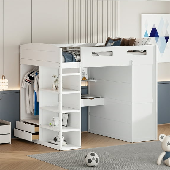Full Size Loft Bed with Built-in Desk and Wardrobes, Solid Wood Loft Bed Frame with 4 Drawers & Shelves and Full-Length Guardrails, Space Saving Design