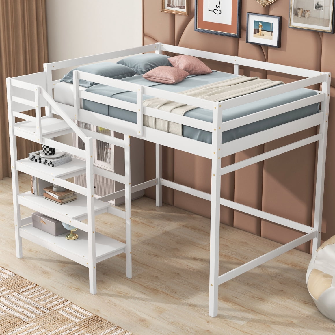 Full Size Loft Bed with Built-in Storage Staircase and Hanger for ...