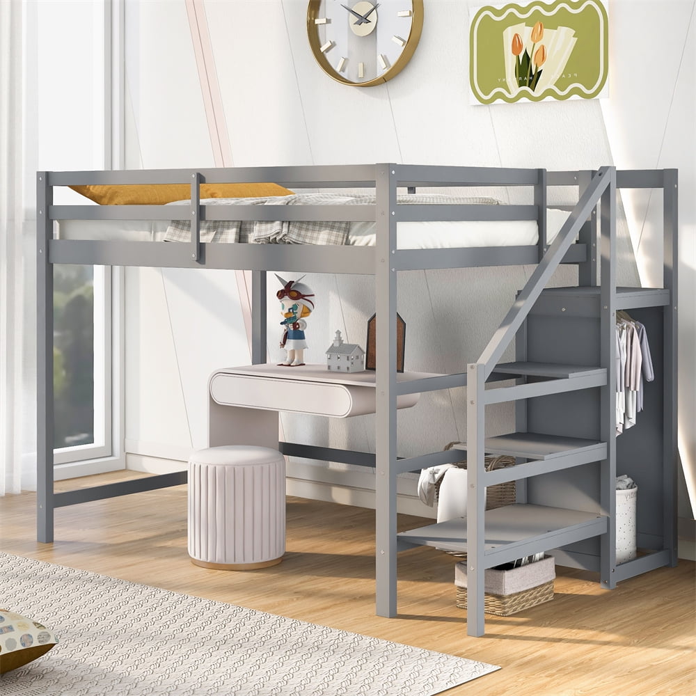 Full Size Loft Bed with Builtin Storage Wardrobe and Staircase for
