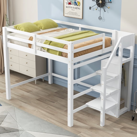 Full Size Loft Bed with Built-in Storage Wardrobe and Staircase, Space-Saving Furniture for Teens and Adults, Sturdy White Frame Design for Bedroom or Dorm Organization