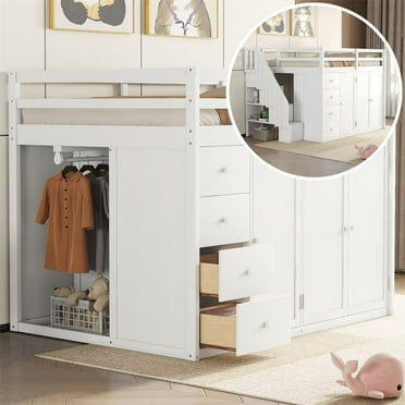 Full Size Loft Bed with Built-in Wardrobes, Cabinets and Drawers, Wooden Loft Bed Frame with Ladder and Safety Guardrails for Kids Girls Boys Bedroom, No Box Spring Needed, White