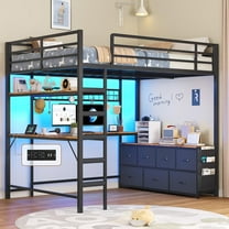 Full Size Loft Bed with Desk and 7 Storage Drawers Metal Full Loft Bed Frame with Led Lights, Charging Station, Storage Shelves, Safety Guardrail and Ladders, Black