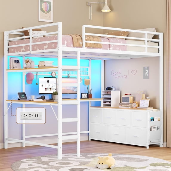Full Size Loft Bed with Desk and 7 Storage Drawers Metal Full Loft Bed Frame with Led Lights, Charging Station, Storage Shelves, Safety Guardrail and Ladders, White