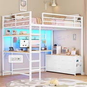 Full Size Loft Bed with Desk and 7 Storage Drawers Metal Full Loft Bed Frame with Led Lights, Charging Station, Storage