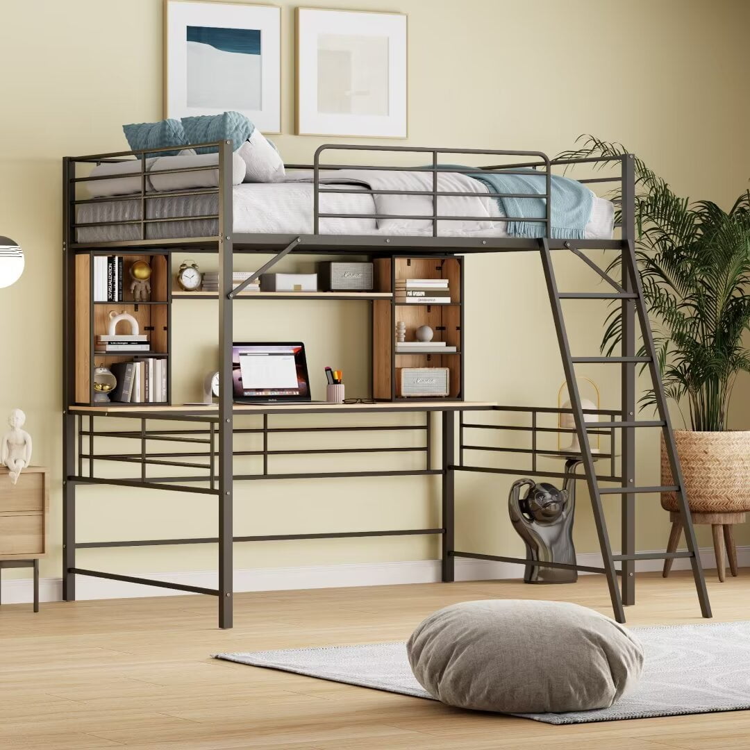 Full Size Loft Bed with Desk and Bookcases, Heavy Duty Metal Loft Bed ...