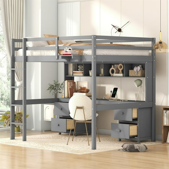 Full Size Loft Bed with Desk and Charging Port, Wooden Loft Bed Frame with 4 Drawers and Open Cabinets, Full Size Bed with Bedside Tray, Built-in Stair and Guardrail for Boys Girls Teens, Gray