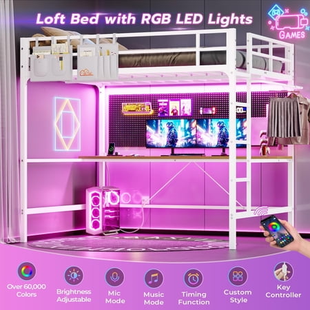 Full Size Loft Bed with Desk & Charging Station & LED Lights, Metal Loft Bed Frame Full with Stairs & Full-Length Guardrail, No Box Spring Needed, White