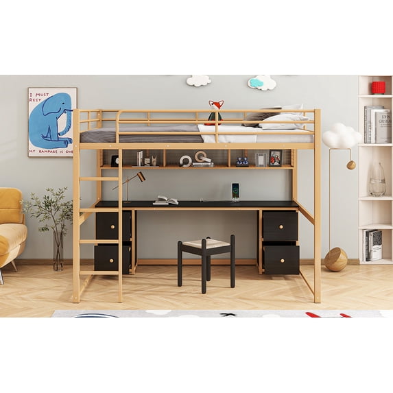 Full Size Loft Bed with Desk, Full Loft Bed Frame with Storage Drawers, Cabinets, Bedside Tray, Charging Station, USB and Socket for Bedroom, No Box Spring Needed, Easy Assembly