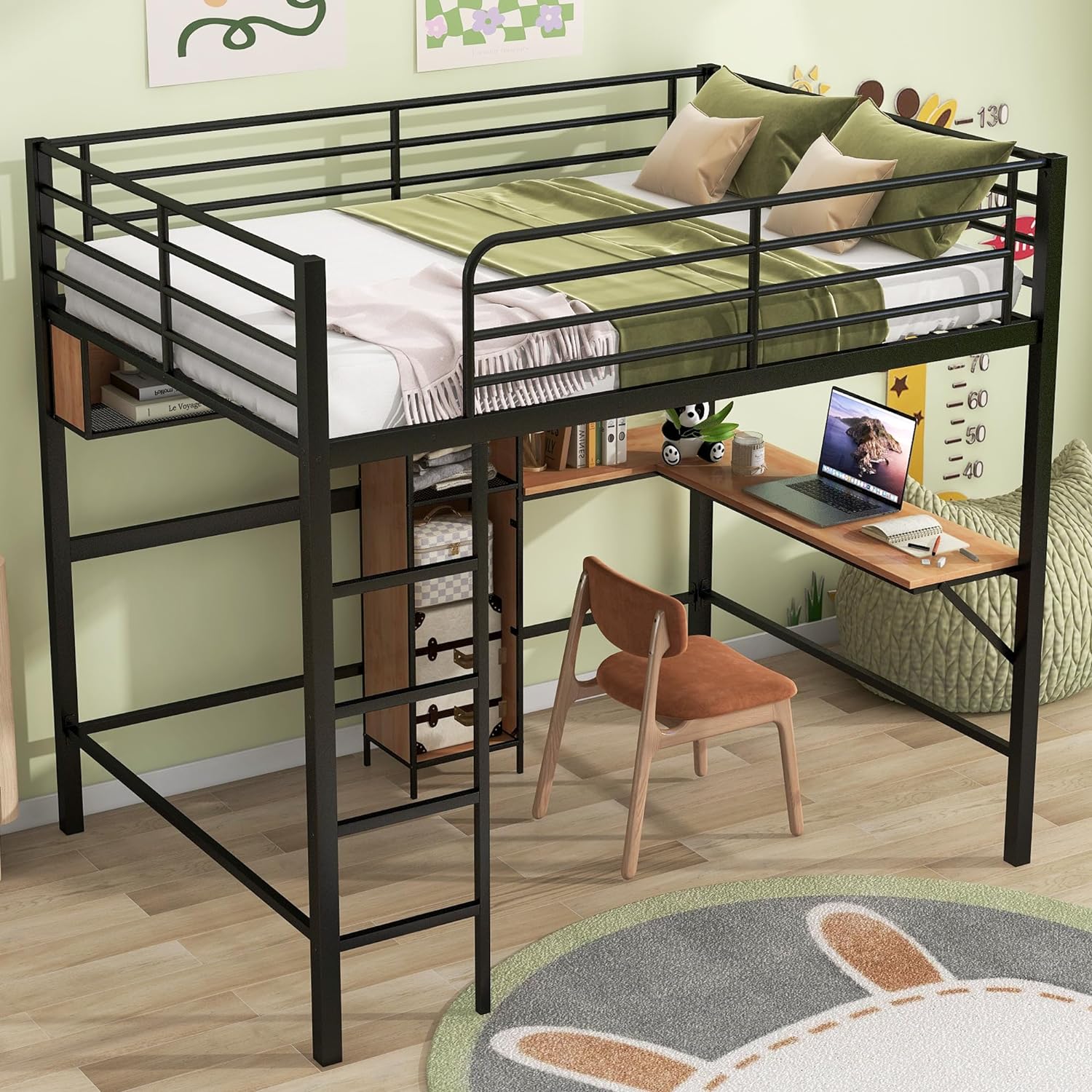 Full Size Loft Bed with Desk, Heavy Duty Loft Bed with LShaped Desk