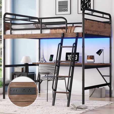 Full Size Loft Bed with Desk, Heavy-Duty Metal Loft Beds with LED Light and Charge Station, High Lofted Bed Frame, loft Tall Bed for Boys Girls and Teens, No Box Spring Needed (Black+Vintage wood)