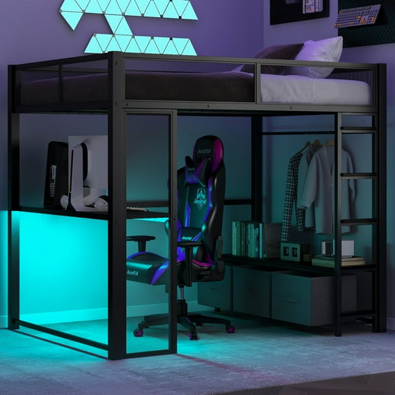 Full Size Loft Bed with Desk and Led Lights, Metal Gaming Loft Bed with Open Wardrobe and 3 Storage Drawers, Heavy Duty LED Loft Bed with Guardrail and Ladder for Adults Teens, Black