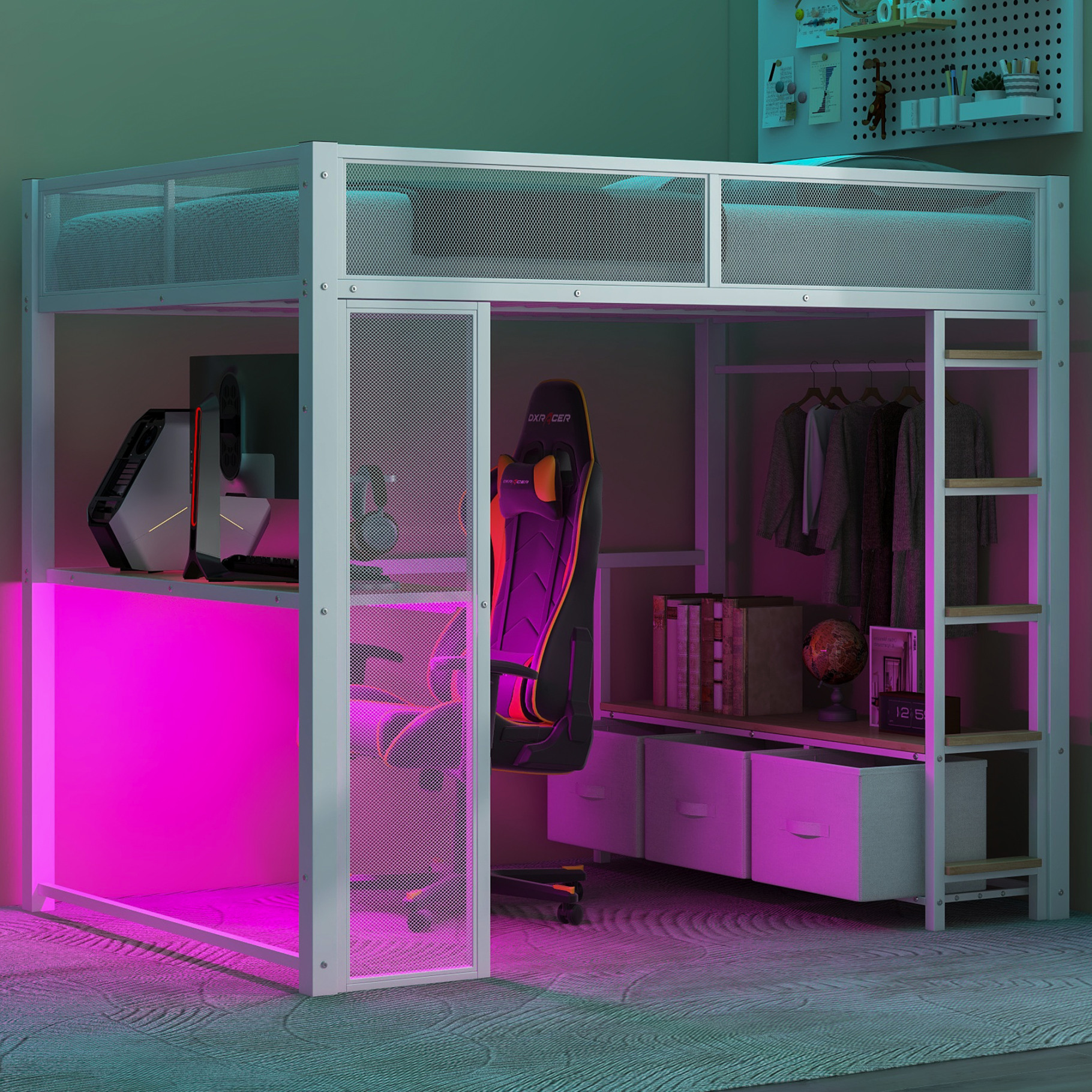 Full Size Loft Bed with Desk and Led Lights, Metal Gaming Loft Bed with