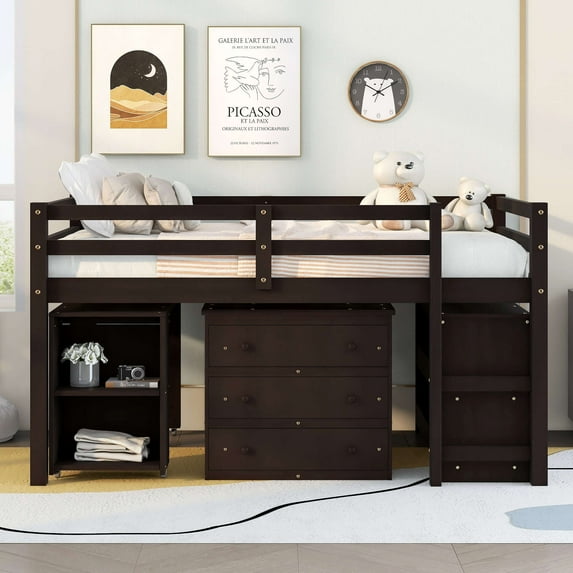 Full Size Loft Bed with Desk, Low Study Loft Bed with Storage Cabinet and Rolling Portable Desk, Full Size Loft Bed Frame, Bedroom Furniutre, Multiple Functions, No Box Spring Required, Expresso