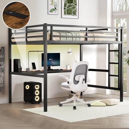 Firscook Full Size Metal Loft Bed with Built-in Desk, LED Light & USB Port for Teens and Adults, Black