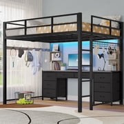 Full Size Loft Bed with Desk, Metal Loft Bed with 8 Storage Drawers & Charging Station & LED Lights, 4 Open Storage Shelves, Noise-Free, Space-Saving,Grey