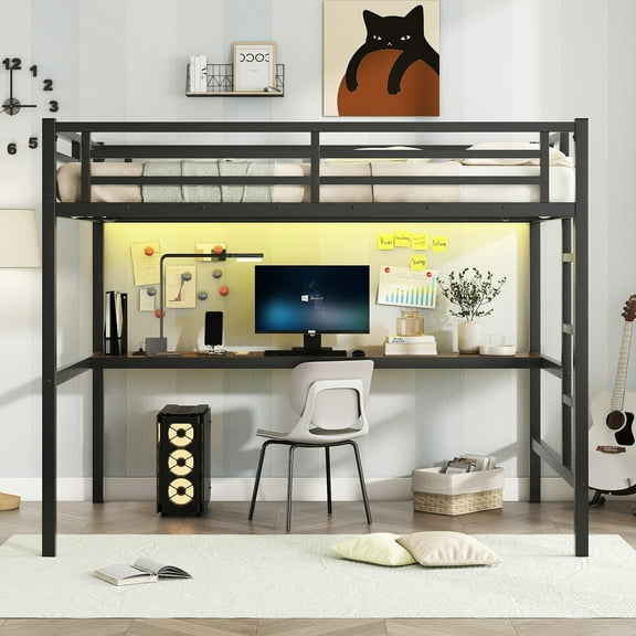 Full Size Loft Bed with Desk, Metal Space-Saving Bed Frame with Power Outlet, USB Charging Station, LED Smart Lights, Noise Reduced, Black Study Bed for Small Spaces