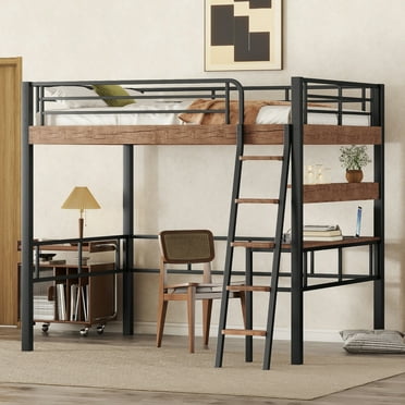 Full Size Loft Bed with Desk,Metal Loft Bed with Storage Shelves,Heavy-Duty Steel Frame Loft Bed with Safety Rail for Teens Juniors Adults,Space-Saving,Noise Free,No Box Spring Needed,Black