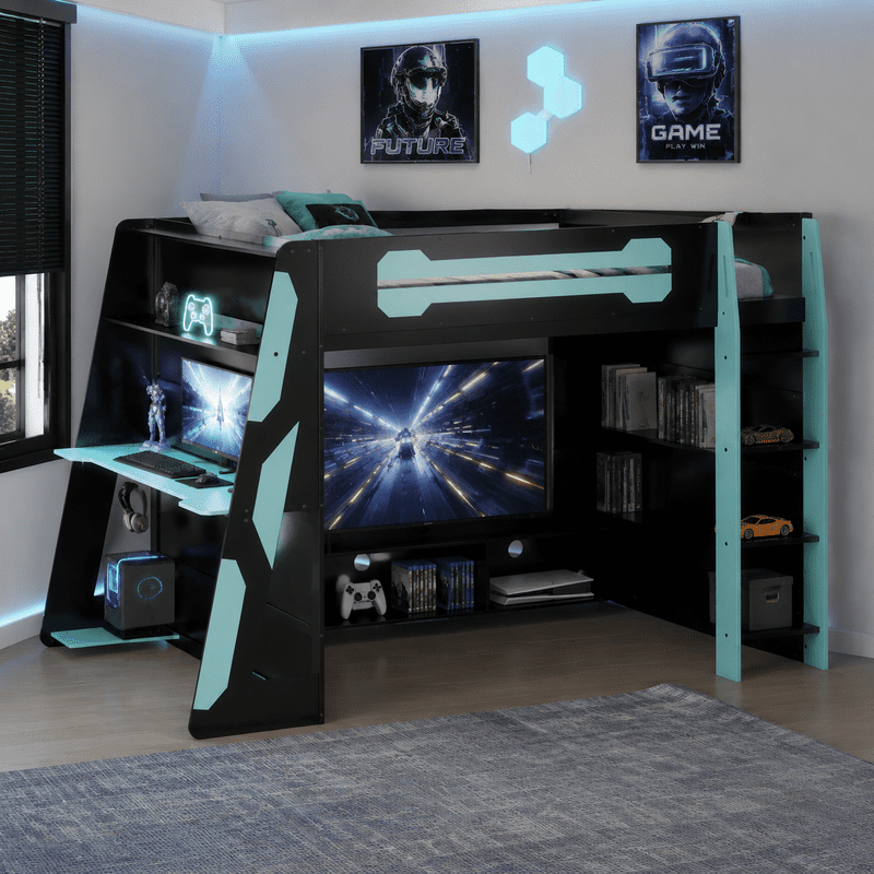 Full Size Loft Bed with Desk and RGB LED Lights, Wood Gaming Loft Bed Frame with Storage Shelves, TV Console Space and Multi-Functional Study Workstation for Teens Bedroom