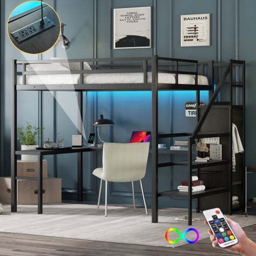 Leumius Metal Gaming Loft Bed with Wardrobe and Adjustable Shelf, Metal, 93.5''L x 57.5''W x 69.13''H, 173.06 LB, Black